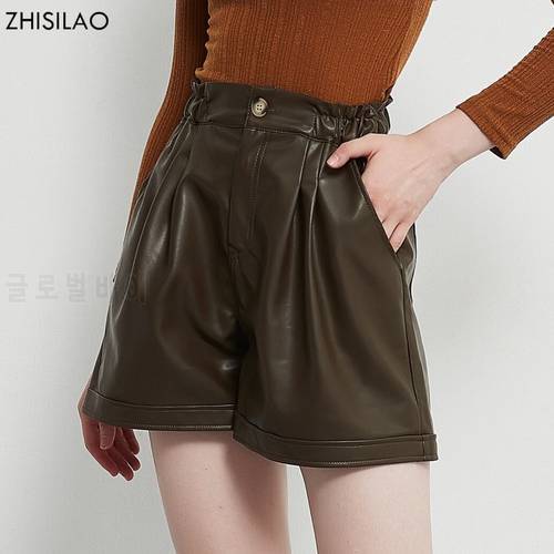 ZHISILAO Vintage Pu Leather Shorts Women Autumn Winter 2021 Elegant Pockets Black Elastic High Waist Wide Leg Shorts
