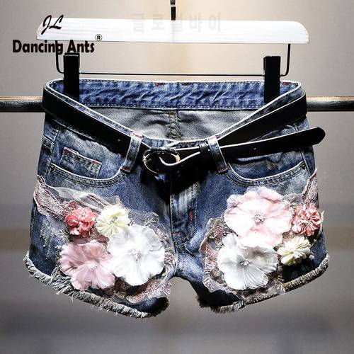Jeans Shorts for Women Denim Pants Feminino Floral Print Leg-openings Ripped Sequins Zipper Shorts with Pockets Dropshipping