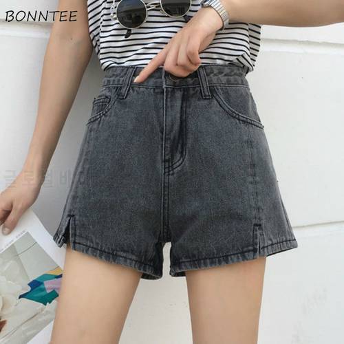 Shorts Women Korean Fashion Notched Solid Gray High Waist Female Denim Short Leisure Chic All-match Clasic Streetwear Pockets
