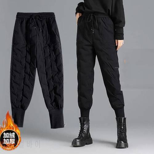 High Waist Sweatpants Women Winter Warm Down Cotton Pants Black Long Trouser Elastic Waist Casual Trousers Windproof Pants