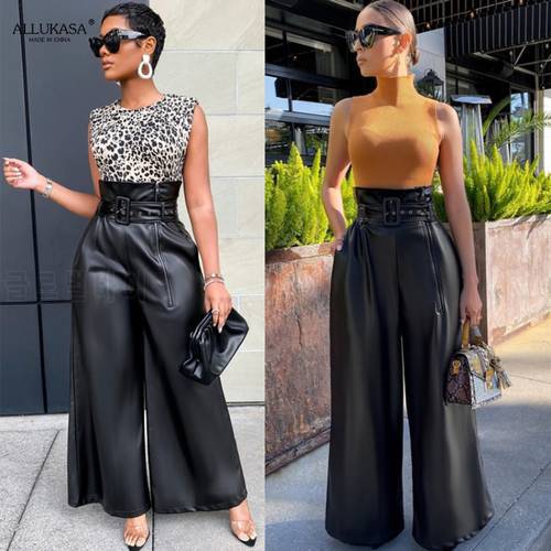 Fashion Pu Leather Wide-leg Pants Streetwear New Casual Solid Color Flared Trousers INS Nightclub Belt Female High Waist Winter