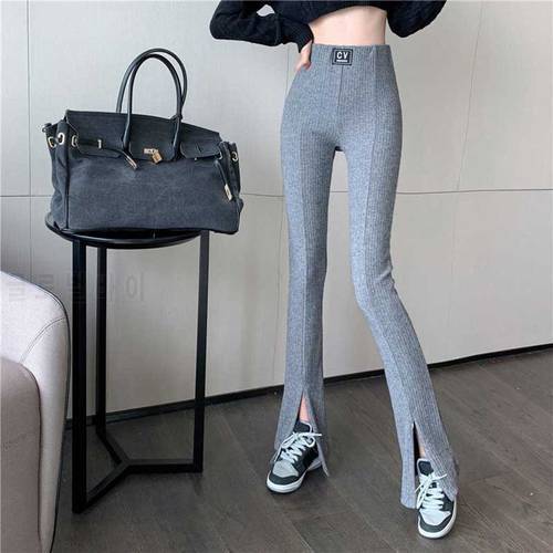 Knitted pants Slit Leg Flare Pants Women Office Lady Clothes Solid Straight Vintage Streetwear Work 2022 New