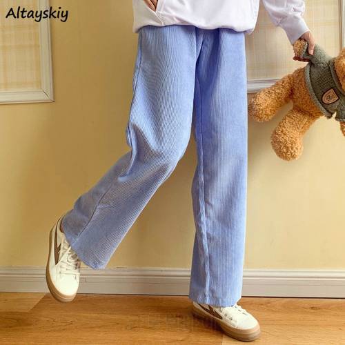 Pants Women Simple Japanese Style Lovely Girls Corduroy Straight Full-length Solid Color All-match Vintage Harajuku Leisure Ins