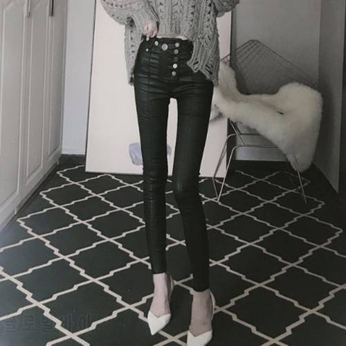 Black Faux PU Leather Pencil Pants Goth High Waist Slim Skinny Streetwear Autumn Casual Trousers Women