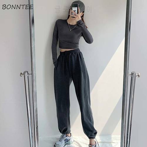 Casual Pants Full Length Elastic Waist Solid Loose Joggers Harem Pant Flat Thickening All-match Streetwear Lady Trousers Stylish