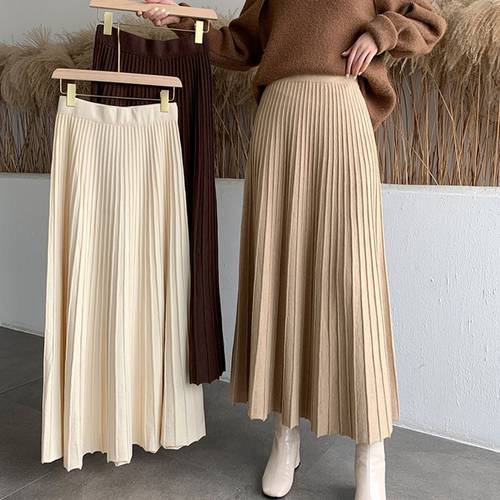 Knitted Long Midi Skirts Women Elastic Waist Thicken Elegant Autumn Winter A-Line Knitwear Striped Casual Harajuku Vintage Z033