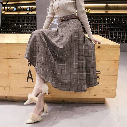 Autumn Winter Warm Vintage Plaid Midi Skirt Women Korean High-Waisted A-Line Skirt Temperament Umbrella Long Skirt With Belt