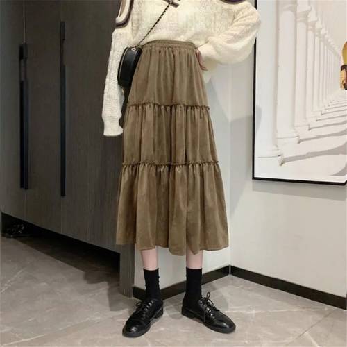 Winter Brown Velvet Long Pleated Skirt Women Vintage Elastic High Waist Patchwork Cake Skirt Korean Harajuku Wild Midi Skirt