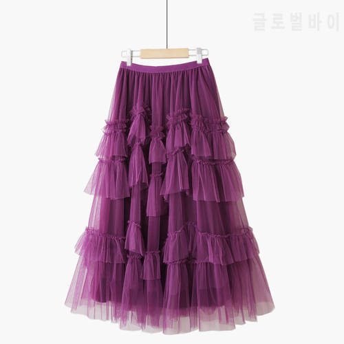 Korobov Autumn New Korean Sweet A-Line Cake Skirts Women High Waist Ruffles Mesh Skirt Vintage Kawaii Midi Faldas Mujer