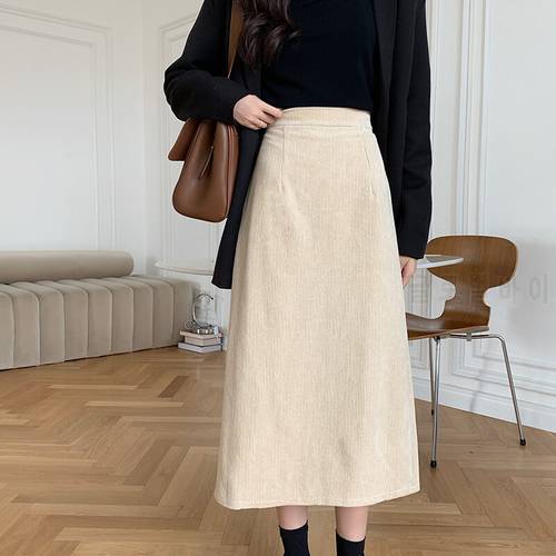 Corduroy Long Midi Skirts Women High Elastic Waist A-Line Vintage Straight Skirt Solid Harajuku Split Elegant Office X815