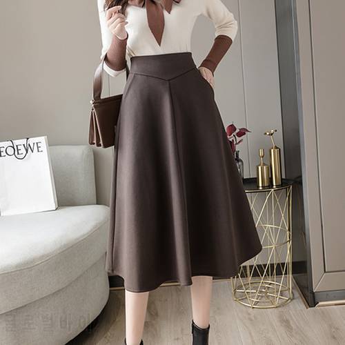 High Waist Thick Warm Woolen Skirts For Women 2022 Fashion Pockets A-Line Elegant Knee-Length Winter Skirt Black Khaki