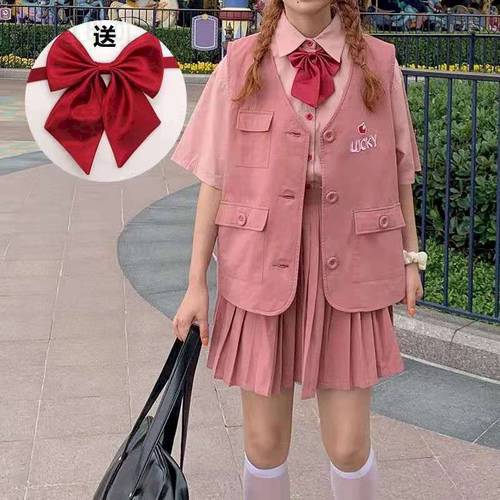Women&39s Skirt Suits Cotton Three Piece Suits Workwear Vest Embroidery Thin Pink Shirt And Pleated Skirt 3 Piece Sets Kawaii Sets
