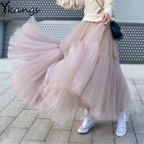 Vintage Fairy Tulle Skirt Women Elastic High Waist Mesh Skirts Long Pleated Tutu Skirt Korean Female Jupe Longue Streetwear
