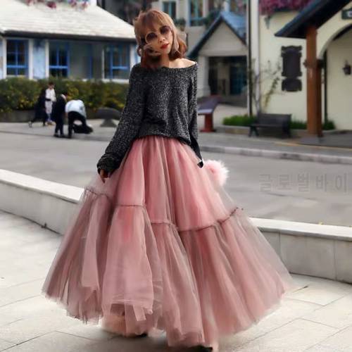 Winter Vintage Gothic Pleated Long Tulle Skirt Tutu Femme High Waisted Runway Mesh Long Skirts Korean Fashion Clothing Q661