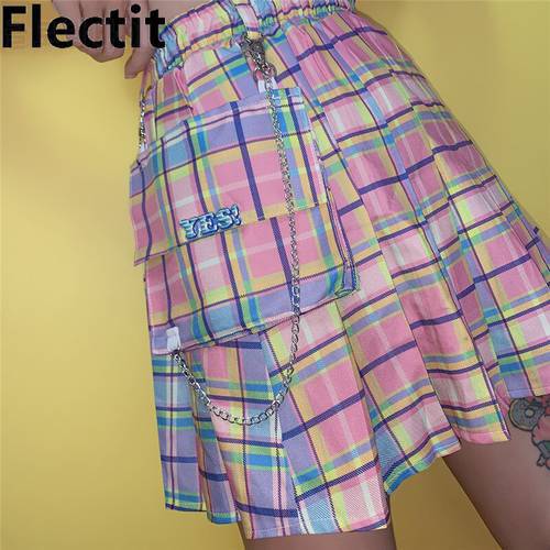 Flectit Pastel Rainbow Plaid Cargo Skirt with Chain & Oversized Pocket Pleated Mini Skirt Women Harajuku Soft Girls Aesthetic *