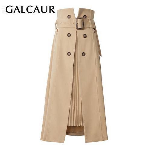 GALCAUR Patchwork Pleated Skirt Women High Waist With Sashes Plus Size Loose Split Maxi Skirts Female 2020 Fashion Clothing New