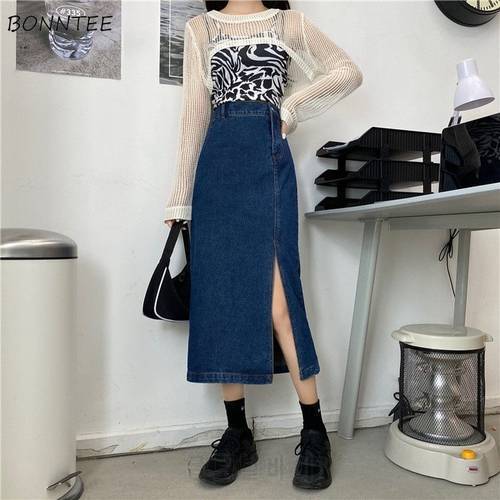 Skirts Women Chic High Waist Vintage Harajuku Side-slit Design Womens Streetwear All-match Ulzzang Solid Denim Femme Clothing