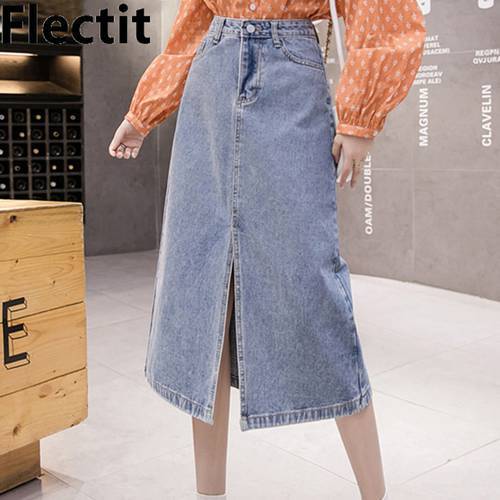 Flectit Women Denim Midi Skirt With Slit Front High Waist Pocket Saia Jeans Female Plus Size S- 5XL *
