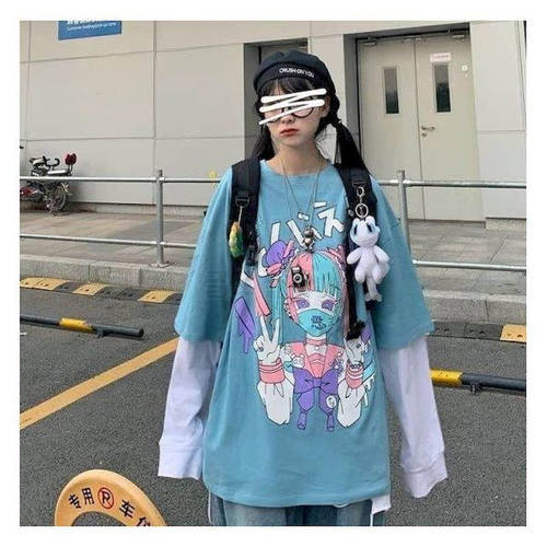 Women&39s T-shirt Long-sleeved Fake Two Pieces Kawaii Clothes Autumn Winter 2022 New Student Korean Harajuku Style Loose Print Top