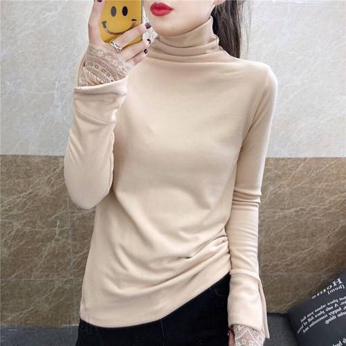Woman Tshirts Winter Women&39s Lace Stitching Long Sleeve T-shirt Top T Ropa Mujer Camisetas