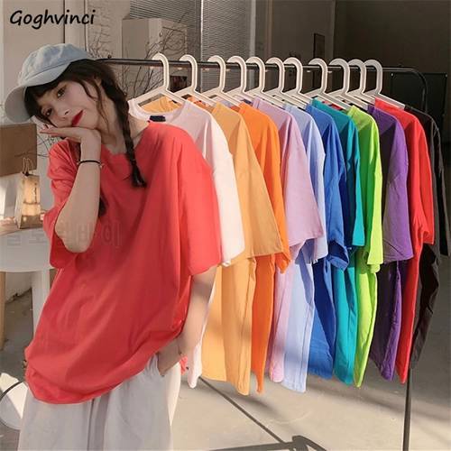 Multi-colors Solid Long T-shirts Women Basic Short Sleeve Tops Baggy All-match New Cotton Tees BF Harajuku Couples Clothes Loose