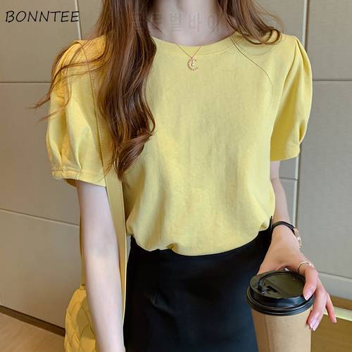 Women T-shirts Solid O-neck Puff Sleeve Basic Leisure All-match Fashion Ulzzang Elegant Daily Slim Ins High Quality Females New