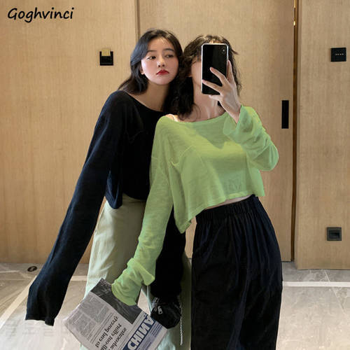 Long Sleeve T-shirts Women Crop Top Solid Thin Sun-proof Korean Style Loose All-match Teens Chic Ins Womens Trendy Ulzzang New