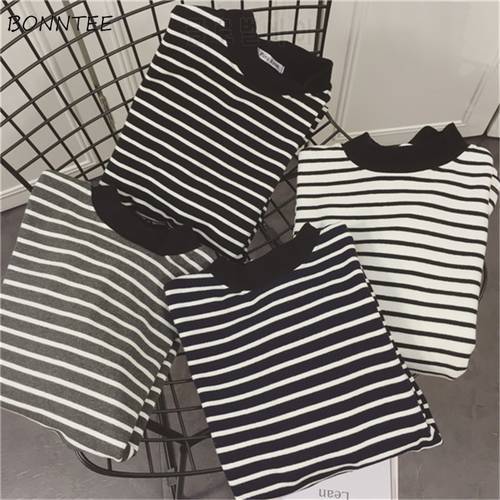 T-shirts Women Striped O-neck Long-sleeeved Soft Cotton Womens T-shirt All-match Leisure Simple Trendy Chic Students Kawaii New