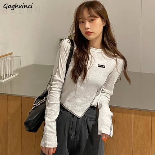 Women Crop Tops Long Sleeve T-shirts Patchwork Irregular Fashionable Undershirts Design Korean-style Ins Ulzzang Top Female Slim