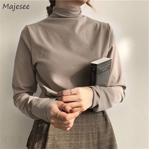 Long Sleeve T-shirts Turtleneck Solid 2020 Chic Elegant All-match Warm Thickening Slim Tops Fashion Casual Harajuku Clothes Cozy
