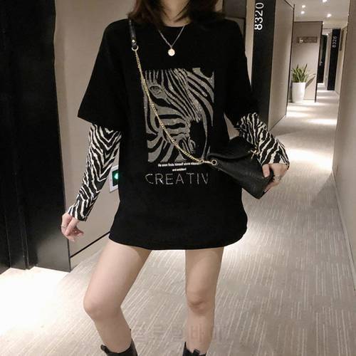 Women Print Oversize Sequined Top Long sleeve Bling Shiny Top Lady sparkling Hot drilling T Shirt Fake 2 pieces Tops for Woman