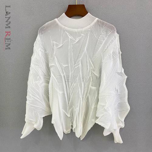 LANMREM 2023 Spring New Casual Pleated Loose T-shirt Women Long Sleeve Round Neck Loose Folds Faishon All-match Top 2W304