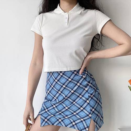 Y2k Simple Basic Turn Down Collar Solid Short Sleeve Crop Top Female Harajuku Vintage Black White Anime Sailor Shirts Women 2021