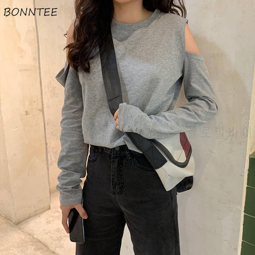 Long Sleeve T-shirts Womens Solid Off Shoulder O-neck Loose Cotton 2020 New Fashion Stylish Harajuku Streetwear Chic Tops Femme