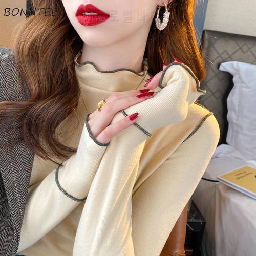 Long Sleeve T-shirts Women Slim Leisure Daily All-match Thicken Half Turtleneck Lady Trendy Autumn Winter Tees Chic Wood Ears