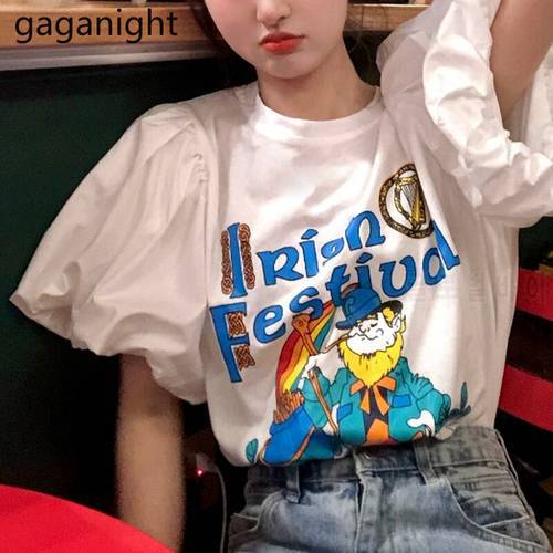 Gaganight Harajuku Puff Short Sleeve Kawaii Cartoon T Shirt O Neck Loose Tee Tops Casual Women Cute Letter Print Cotton T-shirts