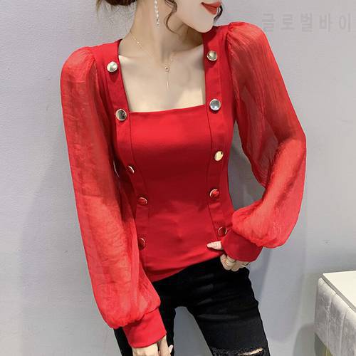 Patched Full Lantern Sleeve Tshirts Girls Square Collor Solid Buttons Cotton T Shirt Tees Women Autumn Patchwork Tops
