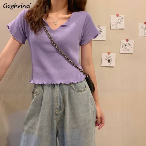 Short Sleeve T-shirts Women Solid Simple V-neck Chic Womens Korean Style Loose Knitted Basic All-match Sweet Tees Ulzzang Daily