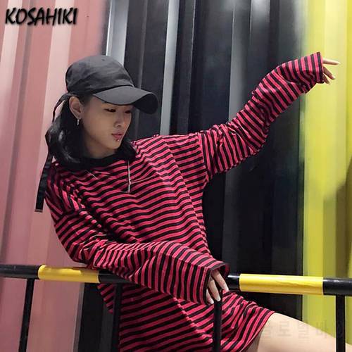 KOSAHIKI Striped Tshirt Women Oversized T Shirt Korean Harajuku Loose Female Student Long-sleeved T-shirt Top Streetwear
