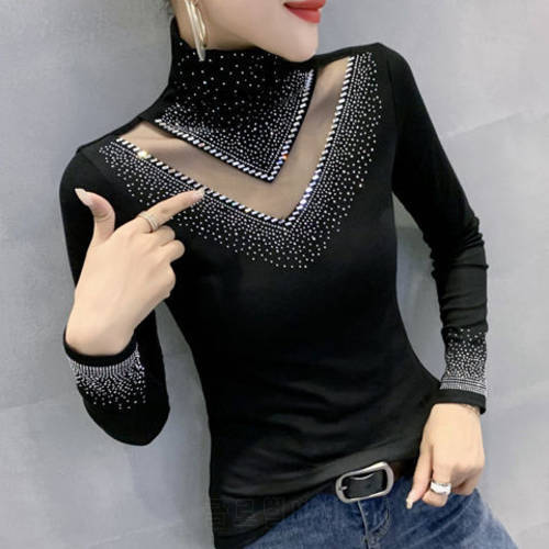 Woman Tshirts Autumn and Winter Turtleneck Women&39s Long-Sleeved Hollow Hot Rhinestone Top Ropa Mujer Camisetas