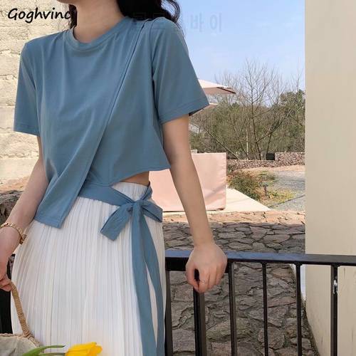 Short Sleeve T-shirts Women Irregular Lace-up Solid Crop-tops Girls Stylish Simple Fashion All-match O-neck Vintage Chic Ulzzang