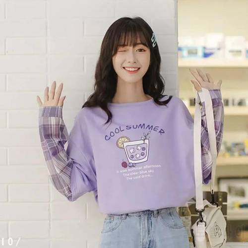 Japanese Plaid Woman Tops Fake Two-piece O-neck Long-sleeved T-shirt Female Ins Thin Student Loose Purple Tees