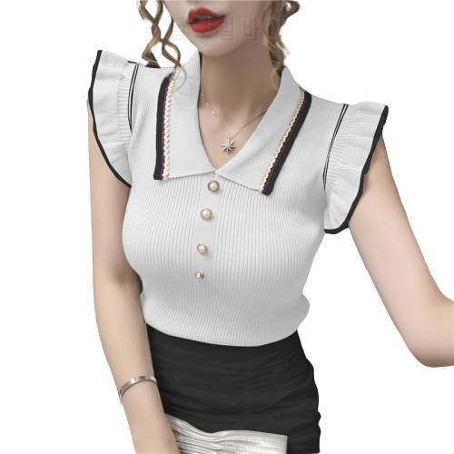 Sweet Short Ruffles Sleeve T-shirt Crop Top Girls Slim Ruffled Cropped Tee Shirts Lady Stretchy Buttons Tees T-shirts For Girls