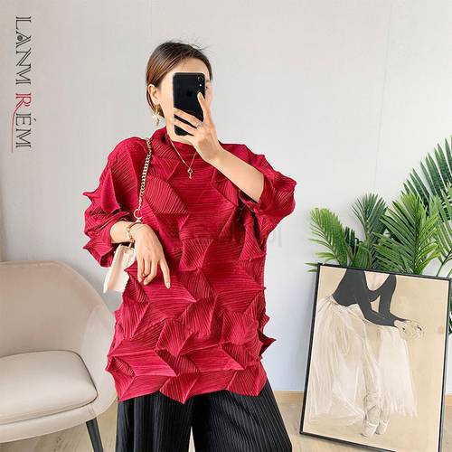 LANMREM Pleated T-shirt 2023 Summer Spring New White Ruffled Wide T-shirts Loose Long Fold Shirts Female Fashion Top 2D3962