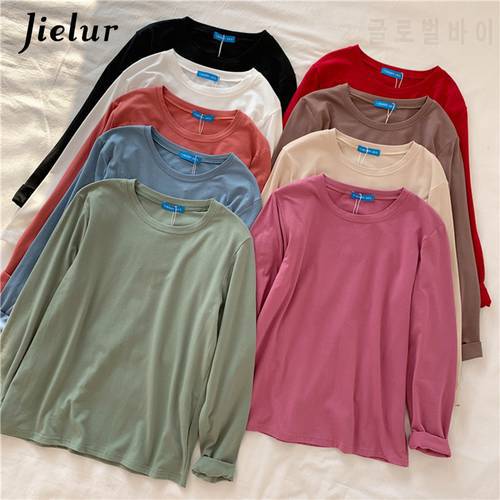 Jielur Autumn T Shirt Women Solid Color Long Sleeve New Tee Shirt O-neck Femme Tops Hipster Ladies Tshirt One Size T-shirt
