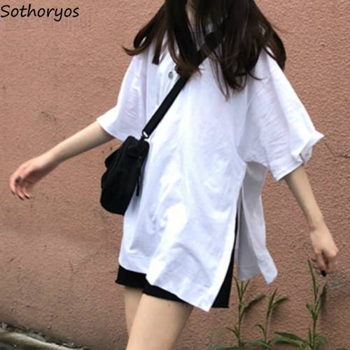T-shirt Women Girls Solid Short Sleeve Tees Side-slit Harajuku Korean Style Ins Trendy Leisure Simple All-match Streetwear Tops