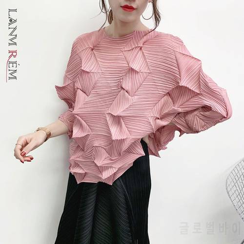LANMREM 2023 Antumn New Casual Fashion Women Loose pleated tee t-shirt for famale Solid Color three quarter Sleeve tops TC088