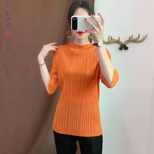 LANMREM Orange Stand Collar Cropped Sleeves Pleated Loose Plus Woman T-shirt Casual Wild Simple Fashion 2023 Spring New TV736