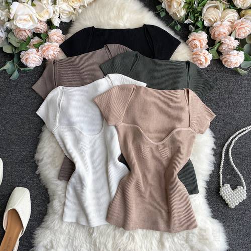 Women V-neck Knitted Short Sleeve Draw String T-shirts Crop Tops Girls Knitting Stretchy Cropped Sheath Tee Shirts For Female