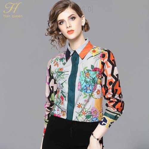 H Han Queen Women Vintage floral Print Ladies Tops chiffon Long sleeve Casual Blouse Female Work Wear Office Shirts